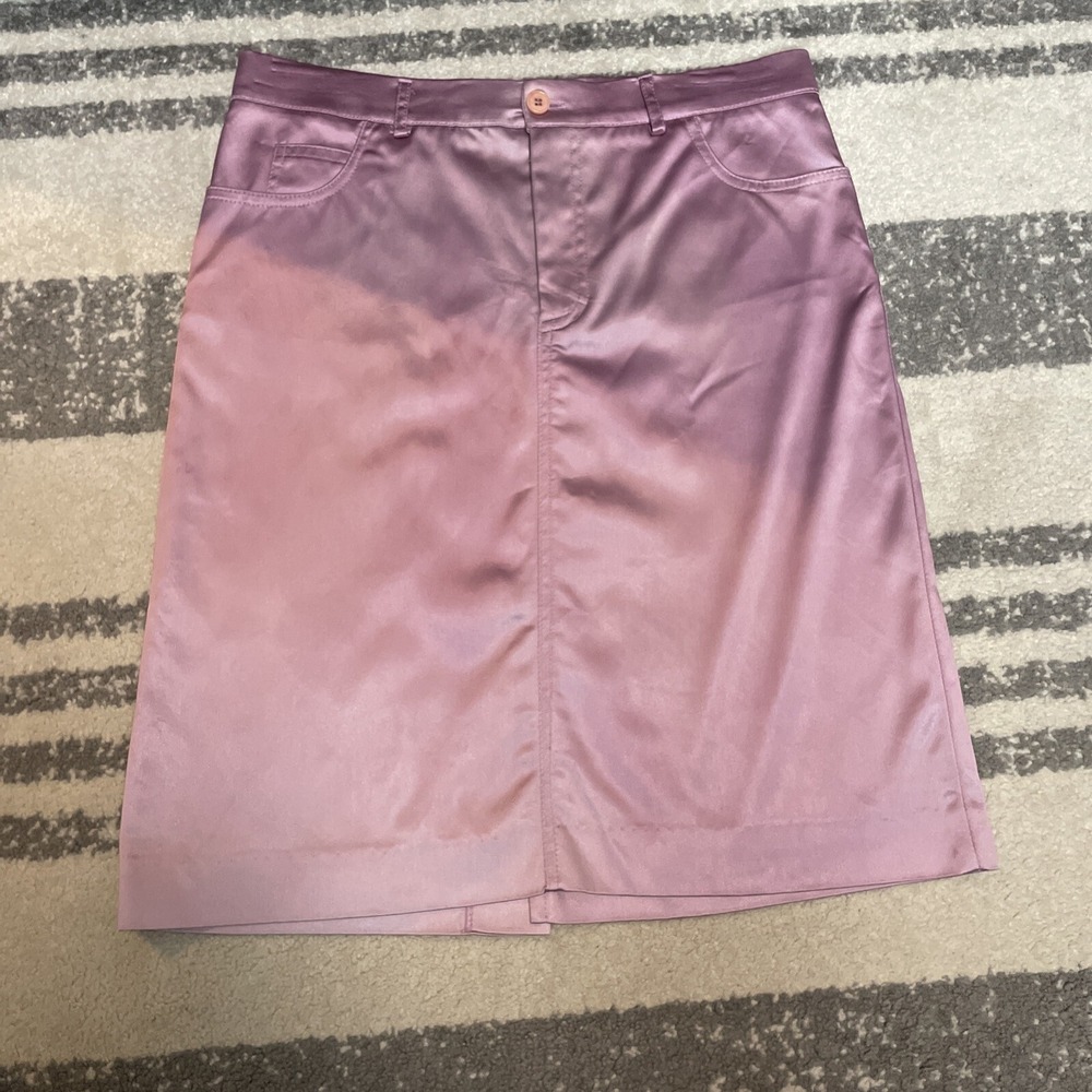 Vintage SAM-VAI Italy Satin Jean-Cut Skirt Y2Kβ Lavender Pink Beaded 90s Chic